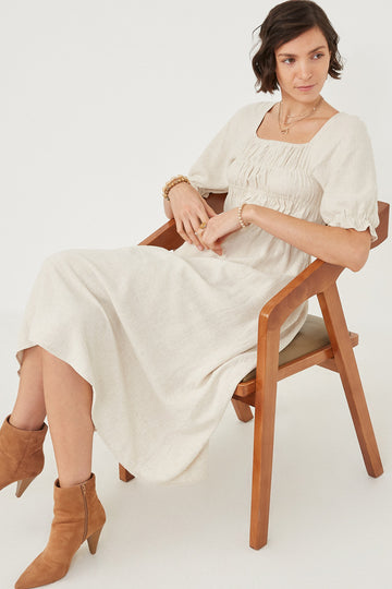 HY6205W Oatmeal Plus Linen Blend Peasant Smocked Square Neck Dress Full Body